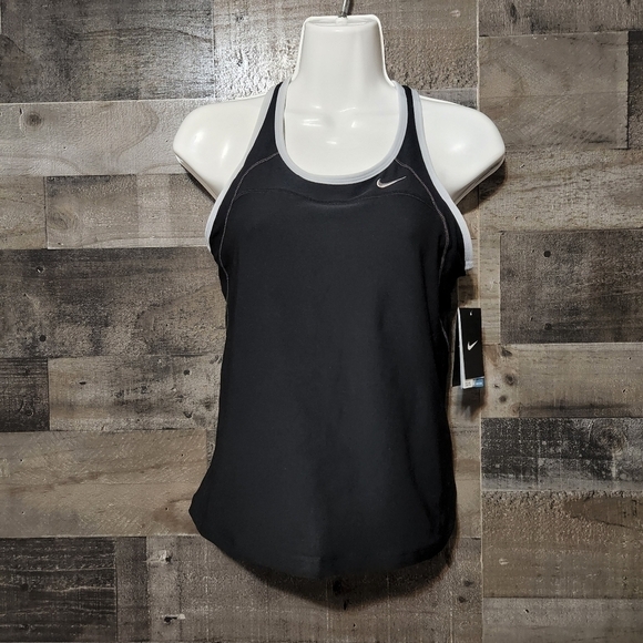 Nee Nike Dri Fit Black Racerback Athletic Top Sz M Back Pockets White Trim - Picture 1 of 10